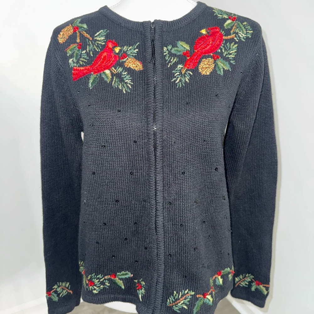 Tiara‎ International Cardinal Christmas Zip Sweater Embroidered Black Women’s S